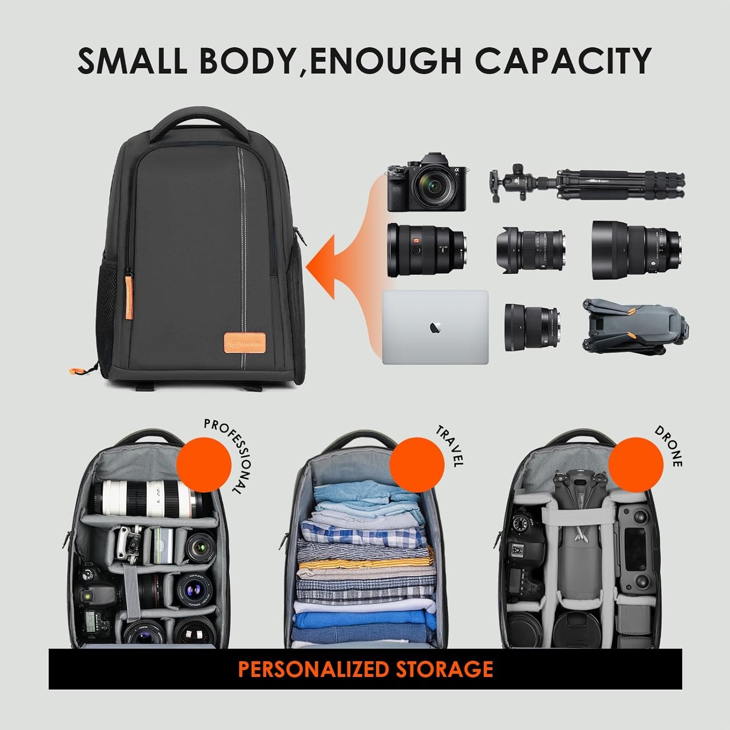 Camera Backpack for Photographers - Compact Camera Bag with 15 Inch Laptop Compartment - Side Access Quick Draw - Anti-Theft Hidden Pocket Tripod Holder Rain Cover - TB04 Black