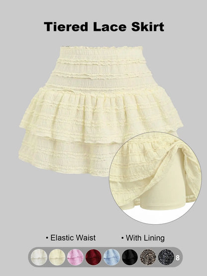 Women'S Pleated Ruffled Mini Skirt with Lace High Waist Woven Attached Leggings Gathered Double-Layer Flared Design Comfortable, Soft, Breathable Fabric Short Skirt Suitable for Outdoor Leisure Activities Daily Wear Back to School