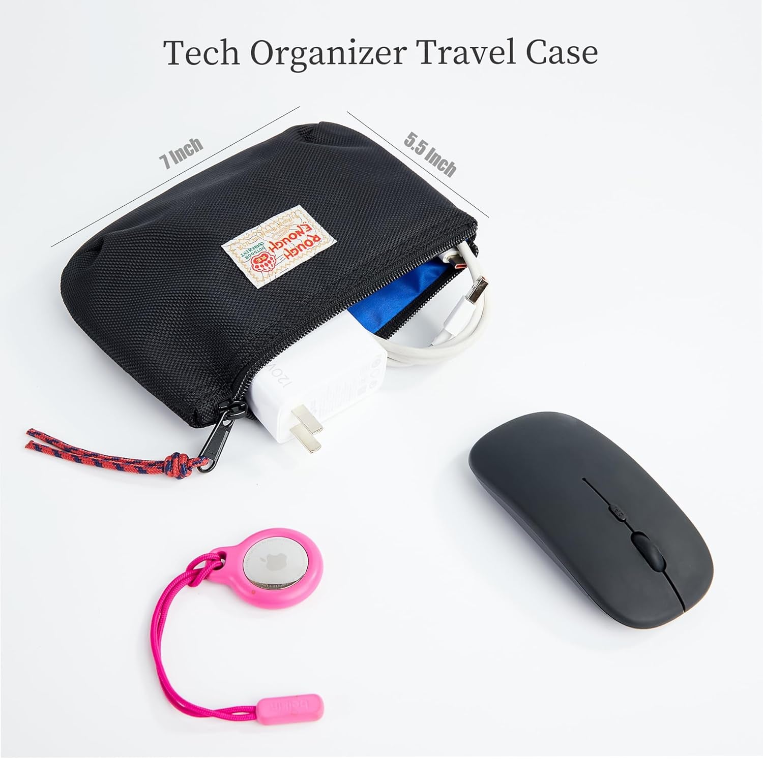 Rough Enough Small Tech Storage Pouch Travel Cable Organizer for Electronics, Cords, Chargers, Hard Drive - Everyday Carry EDC Bag for Backpack Purse, Black