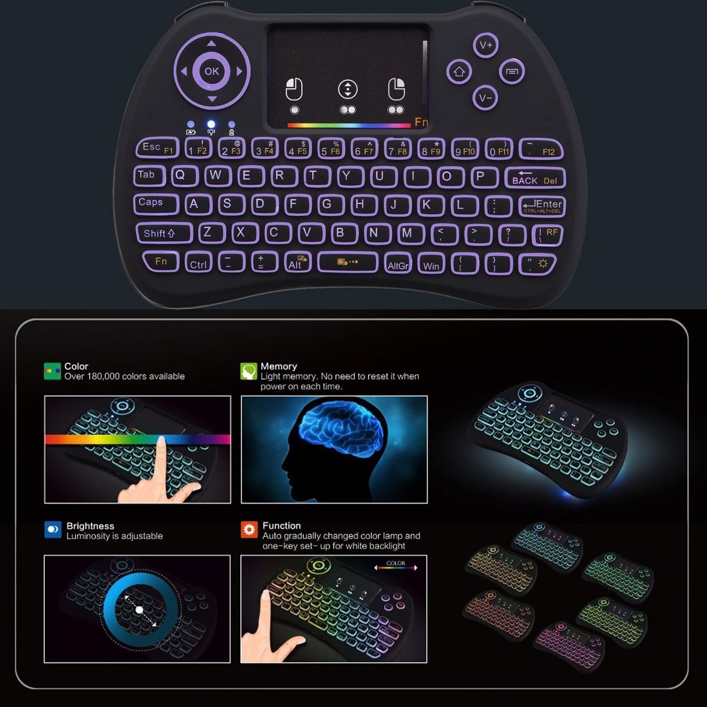 Mini Wireless Keyboard,H9 Mini Keyboard with Touchpad,Colorful Backlit Wireless Mini Keyboard,Mini Rechargeable Handheld Remote Keyboard for Pc,Raspberry Pi 4, Android TV Box,Kodi,Windows 7 8 10