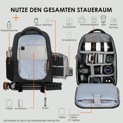 Camera Backpack for Photographers - Compact Camera Bag with 15 Inch Laptop Compartment - Side Access Quick Draw - Anti-Theft Hidden Pocket Tripod Holder Rain Cover - TB04 Black