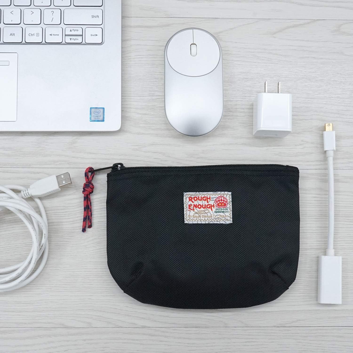 Rough Enough Small Tech Storage Pouch Travel Cable Organizer for Electronics, Cords, Chargers, Hard Drive - Everyday Carry EDC Bag for Backpack Purse, Black